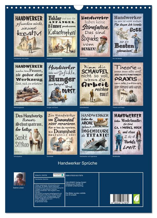 Produktbild: Handwerker Spr&uuml;che (Wandkalender 2026 DIN A3 hoch), CALVENDO Monatskalender