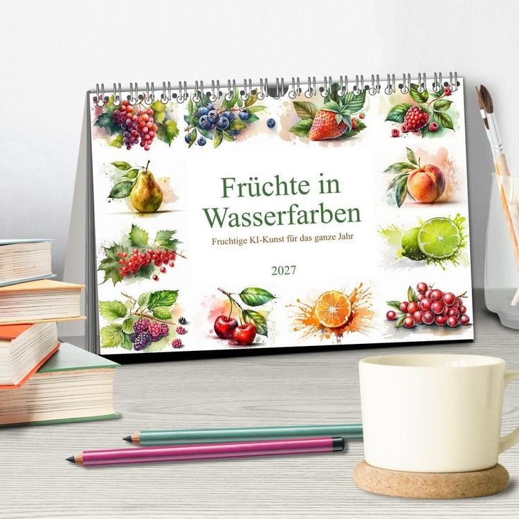 Produktbild: Fr&uuml;chte in Wasserfarben - Fruchtige KI-Kunst f&uuml;r das ganze Jahr (Tischkalender 2027 DIN A5 quer), CALVENDO Monatskalender