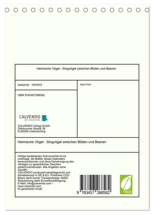 Produktbild: Heimische V&ouml;gel - Singv&ouml;gel zwischen Bl&uuml;ten und Beeren (Tischkalender 2026 DIN A5 hoch), CALVENDO Monatskalender