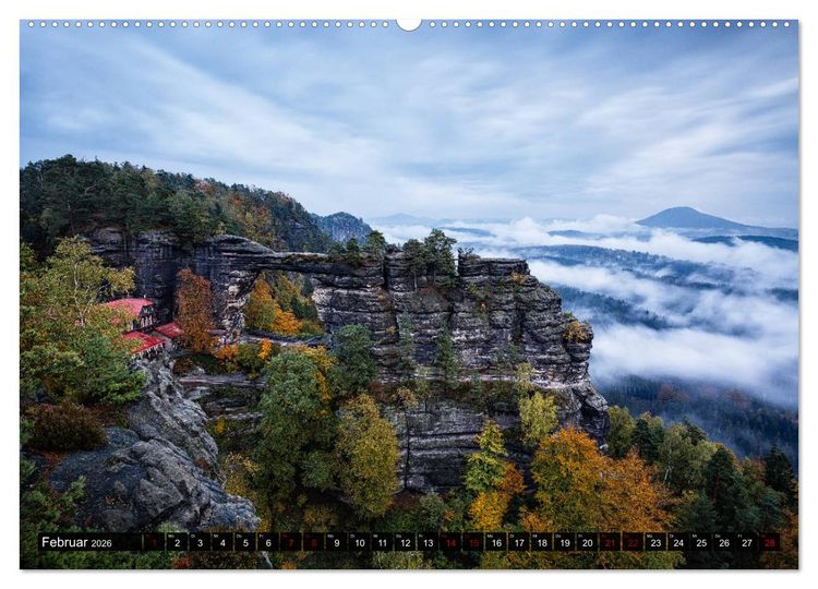 Produktbild: Elbsandsteingebirge: Unterwegs in der S&auml;chsischen und B&ouml;hmischen Schweiz (hochwertiger Premium Wandkalender 2026 DIN A2 quer), Kunstdruck in Hochglanz