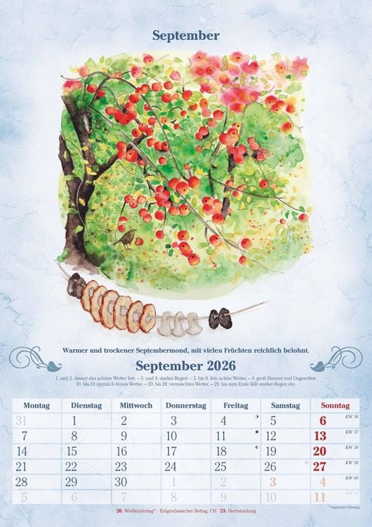 Produktbild: 100-jähriger Kalender 2026 - Bildkalender A3 (29,7x42 cm) - mit Feiertagen (DE/AT/CH) und Platz für Notizen - inkl. Bauernregeln - Wandkalender