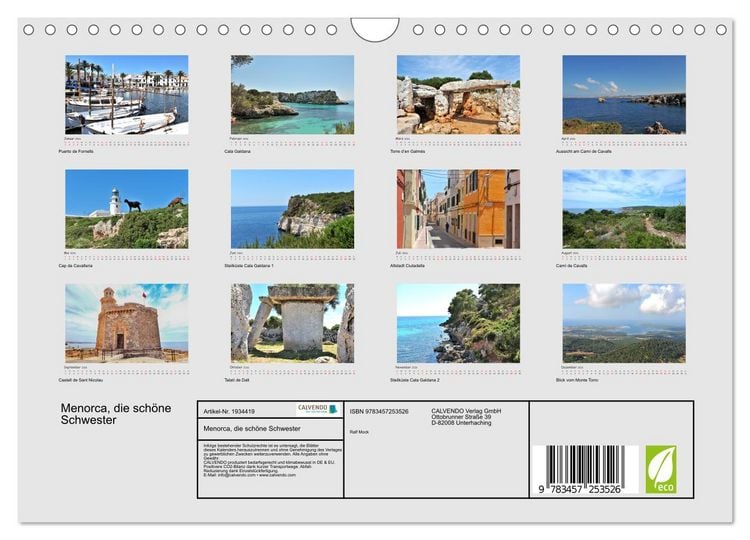 Produktbild: Menorca, die sch&ouml;ne Schwester (Wandkalender 2026 DIN A4 quer), CALVENDO Monatskalender
