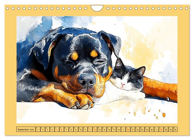 Produktbild: Kraftvolle Rottweiler. Stattliche Begleithunde im Aquarell-Stil (Wandkalender 2026 DIN A4 quer), CALVENDO Monatskalender