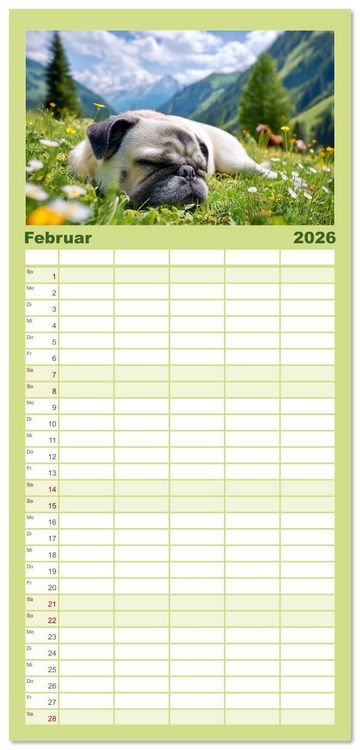 Produktbild: Familienplaner 2026 - Mops trifft Berglust. Fidele Gipfelst&uuml;rmer im H&ouml;henrausch mit 5 Spalten (Wandkalender, 21 x 45 cm) CALVENDO