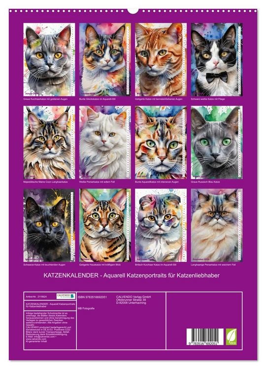 Produktbild: KATZENKALENDER - Aquarell Katzenportraits f&uuml;r Katzenliebhaber (hochwertiger Premium Wandkalender 2026 DIN A2 hoch), Kunstdruck in Hochglanz