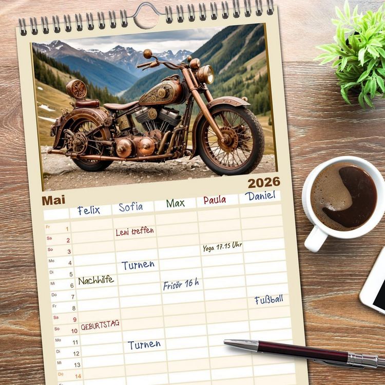Produktbild: Familienplaner 2026 - Motorr&auml;der im Steampunk-Style mit 5 Spalten (Wandkalender, 21 x 45 cm) CALVENDO