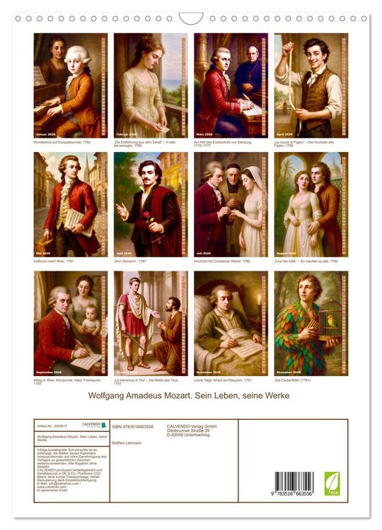 Produktbild: Wolfgang Amadeus Mozart. Sein Leben, seine Werke (Wandkalender 2026 DIN A3 hoch), CALVENDO Monatskalender