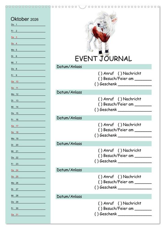 Produktbild: B-DAY PLANER - Aquarell Hunderassen - F&uuml;r Termine, Geschenke, Eventdetails & mehr (Wandkalender 2026 DIN A2 hoch), CALVENDO Monatskalender