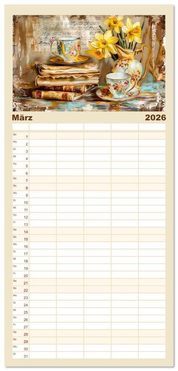 Produktbild: Familienplaner 2026 - Shabby Chic Romantik - Vintage Tassen, Blumen und nostalgische Briefe mit 5 Spalten (Wandkalender, 21 x 45 cm) CALVENDO