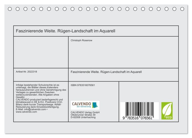 Produktbild: Faszinierende Weite. R&uuml;gen-Landschaft im Aquarell (Tischkalender 2026 DIN A5 quer), CALVENDO Monatskalender