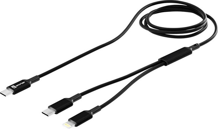 Produktbild: Smrter USB-C&reg; Y-Kabel USB-C&reg;, Apple Lightning Stecker 120 cm Schwarz Aluminium-Stecker, Stoff-Ummantelung, mit OTG-Funktion SMRTER_DUO_BK
