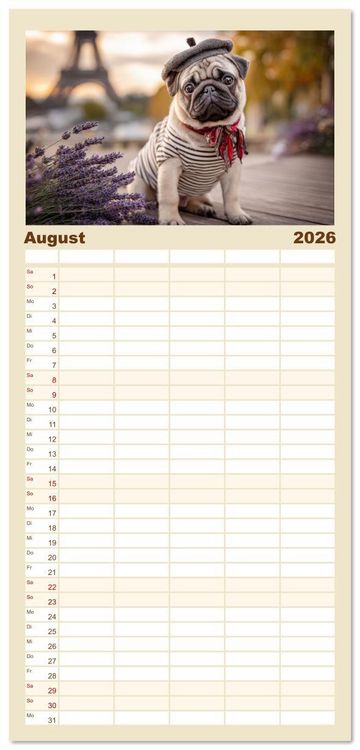 Produktbild: Familienplaner 2026 - Eine Mopsige Weltreise mit 5 Spalten (Wandkalender, 21 x 45 cm) CALVENDO