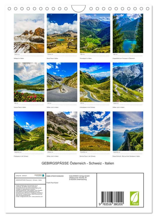 Produktbild: GEBIRGSP&Auml;SSE &Ouml;sterreich - Schweiz - Italien (Wandkalender 2026 DIN A4 hoch), CALVENDO Monatskalender