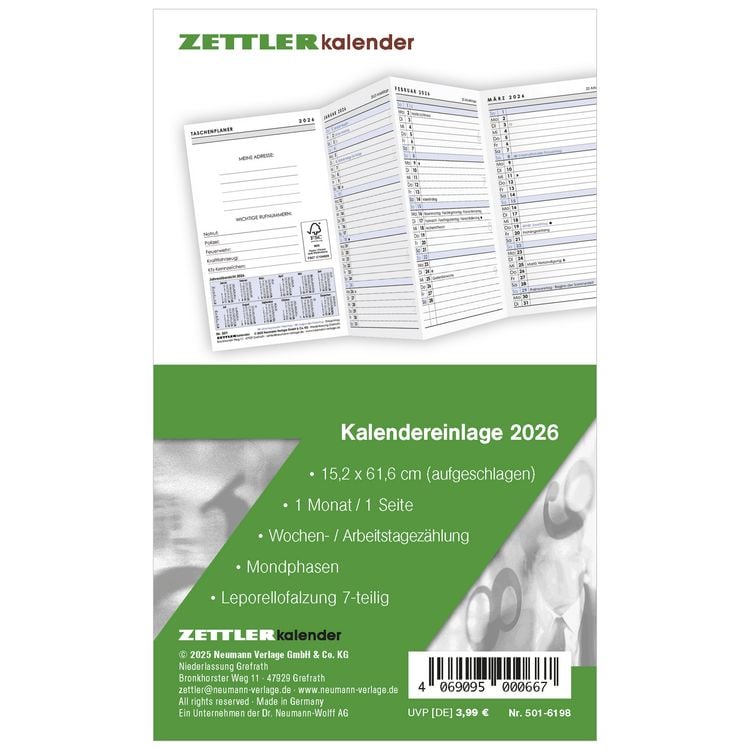 Produktbild: Kalender-Ersatzeinlage 2026 - für den Taschenplaner Leporello Typ 501 - 8,8 x 15,2 cm - 1 Monat auf 1 Seite - separates Adressheft - 501-6198