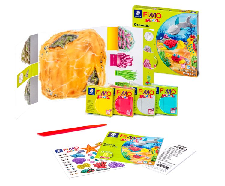 Produktbild: STAEDTLER FIMO kids 8034, ofenh&auml;rtende Modelliermasse, Set Oceanlife mit 4 Bl&ouml;cken 42 g, Modellierstab
