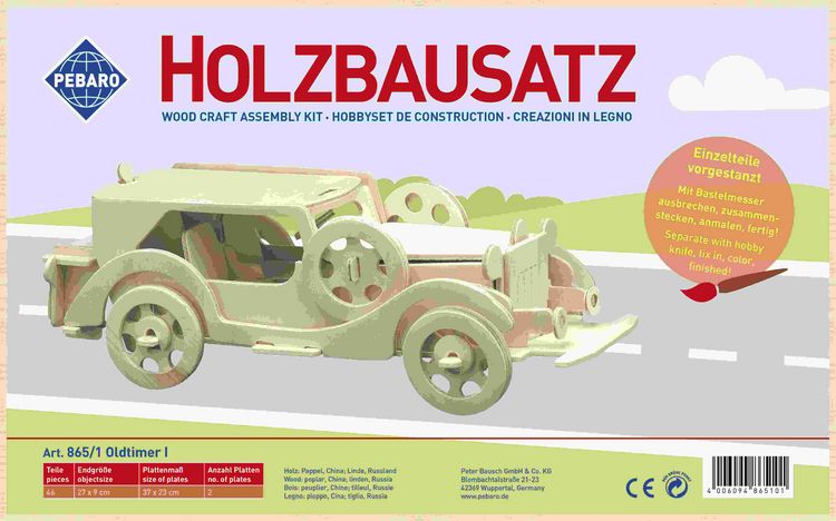 Produktbild: PEBARO 865/1 - Holzbausatz Oldtimer I, 46 Teile, Holzkonstruktion zum Zusammenstecken