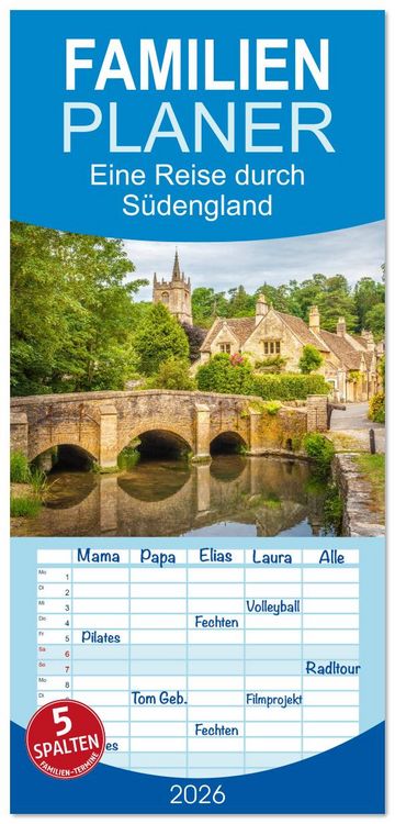 Produktbild: Familienplaner 2026 - Eine Reise durch S&uuml;dengland mit 5 Spalten (Wandkalender, 21 x 45 cm) CALVENDO
