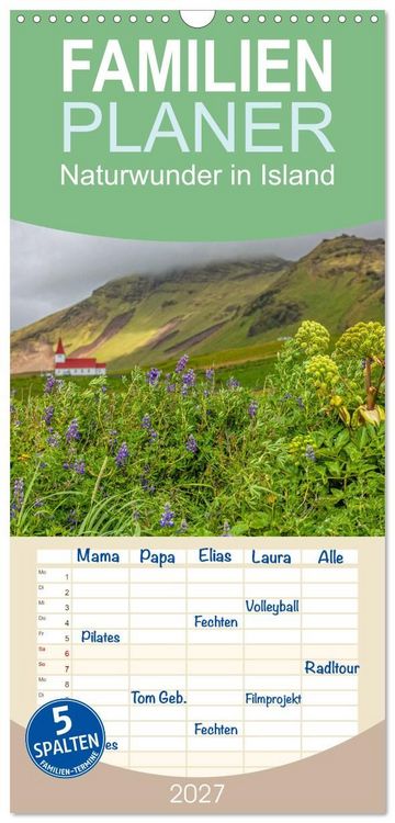 Produktbild: Familienplaner 2027 - Naturwunder in Island mit 5 Spalten (Wandkalender, 21 x 45 cm) CALVENDO