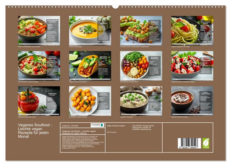 Produktbild: Veganes Soulfood - Leichte vegan Rezepte f&uuml;r jeden Monat (hochwertiger Premium Wandkalender 2026 DIN A2 quer), Kunstdruck in Hochglanz
