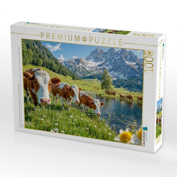 Produktbild: CALVENDO Puzzle Drei K&uuml;he grasen friedlich auf der Alm - Idylle zwischen Bachlauf und Bergluft | 1000 Teile Lege-Gr&ouml;&szlig;e 64x48cm Foto-Puzzle f&uuml;r gl&uuml;ckli