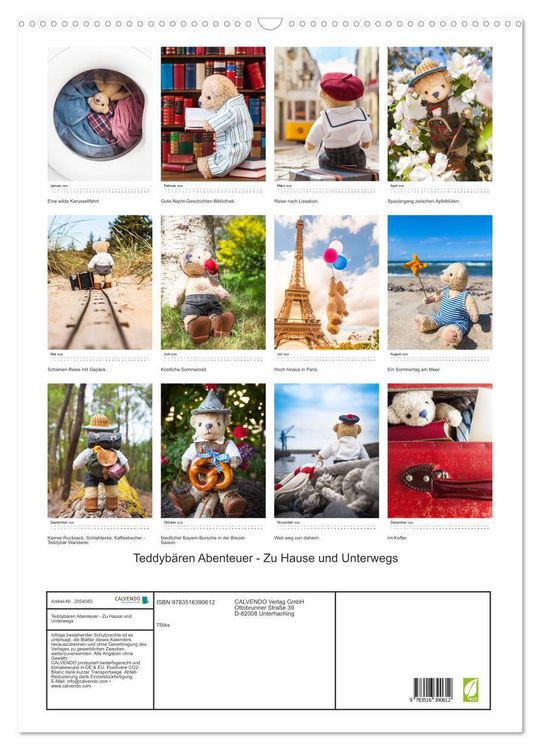 Produktbild: Teddyb&auml;ren Abenteuer - Zu Hause und Unterwegs (Wandkalender 2026 DIN A2 hoch), CALVENDO Monatskalender