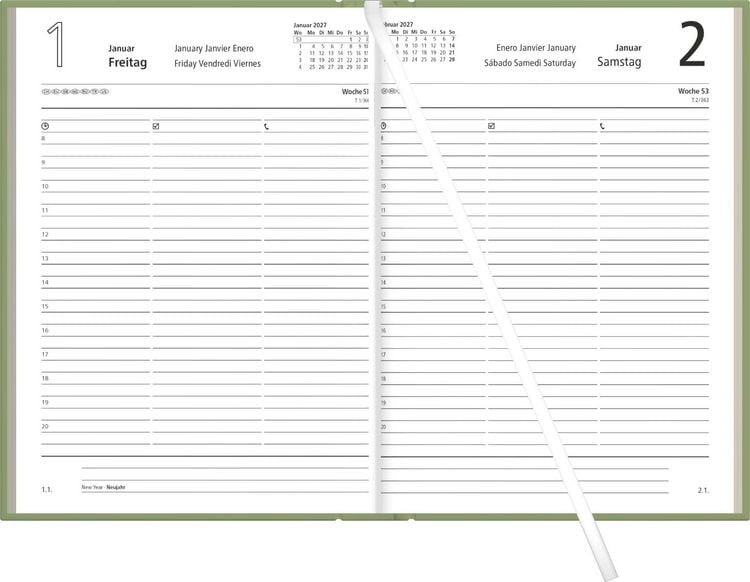 Produktbild: Buchkalender 1T/1S olive Blauer Engel 2027