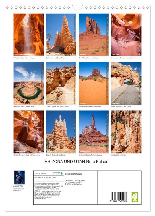 Produktbild: ARIZONA UND UTAH Rote Felsen (Wandkalender 2026 DIN A3 hoch), CALVENDO Monatskalender