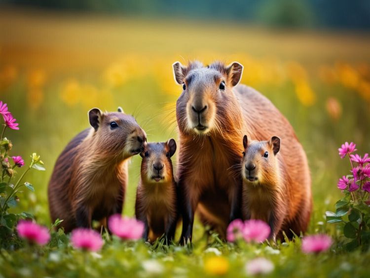 Produktbild: CALVENDO Puzzle Familie Wasserschwein auf bunter Blumenwiese | 1000 Teile Lege-Gr&ouml;&szlig;e 64x48cm Foto-Puzzle f&uuml;r gl&uuml;ckliche Stunden