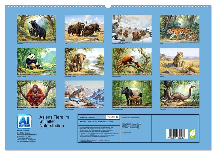Produktbild: Asiens Tiere im Stil alter Naturstudien (hochwertiger Premium Wandkalender 2027 DIN A2 quer), Kunstdruck in Hochglanz