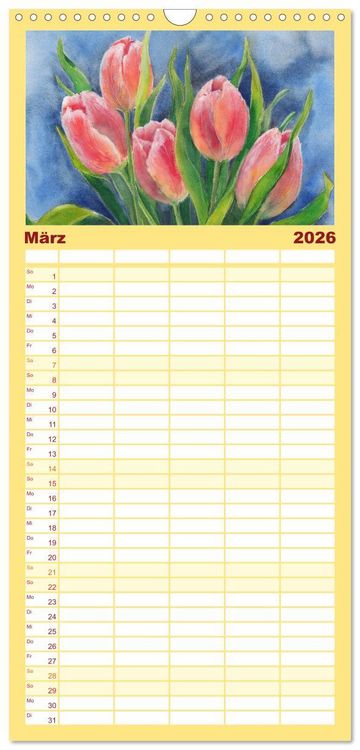 Produktbild: Familienplaner 2026 - Blumenaquarelle aus der N&auml;he mit 5 Spalten (Wandkalender, 21 x 45 cm) CALVENDO