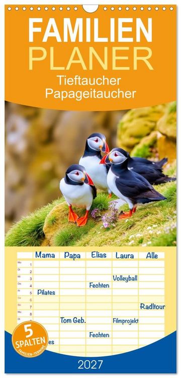 Produktbild: Familienplaner 2027 - Tieftaucher Papageitaucher mit 5 Spalten (Wandkalender, 21 x 45 cm) CALVENDO