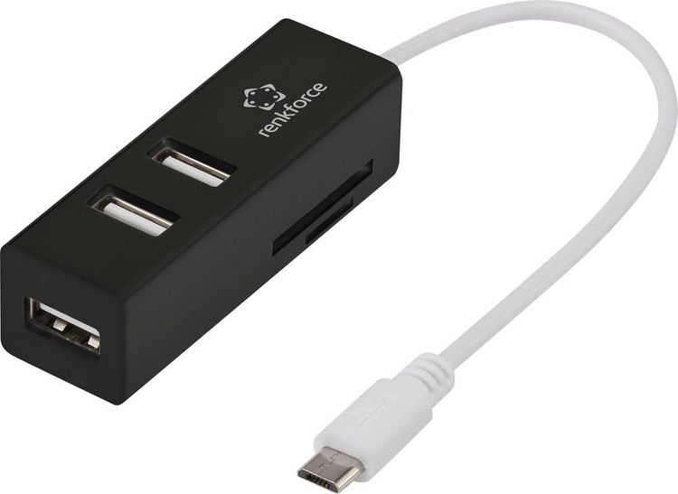 Produktbild: Renkforce RF-4995192 USB-Hub 3 Port USB-A, SD, microSD, M2, Memory Stick USB 2.0 480MBit/s mit eingebautem SD-Kartenleser, mit