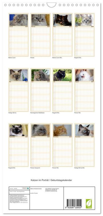 Produktbild: Familienplaner 2027 - Katzen im Portr&auml;t / Geburtstagskalender mit 5 Spalten (Wandkalender, 21 x 45 cm) CALVENDO