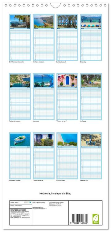 Produktbild: Familienplaner 2026 - Kefalonia, Inseltraum in Blau mit 5 Spalten (Wandkalender, 21 x 45 cm) CALVENDO