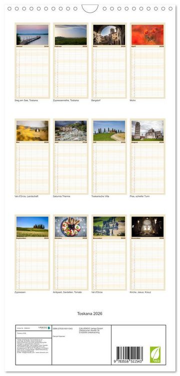 Produktbild: Familienplaner 2026 - Toskana 2026 mit 5 Spalten (Wandkalender, 21 x 45 cm) CALVENDO