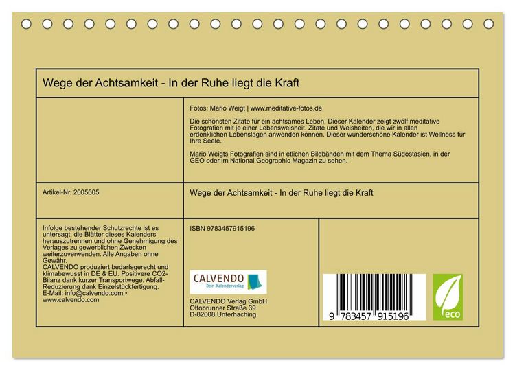 Produktbild: Wege der Achtsamkeit - In der Ruhe liegt die Kraft (Tischkalender 2026 DIN A5 quer), CALVENDO Monatskalender
