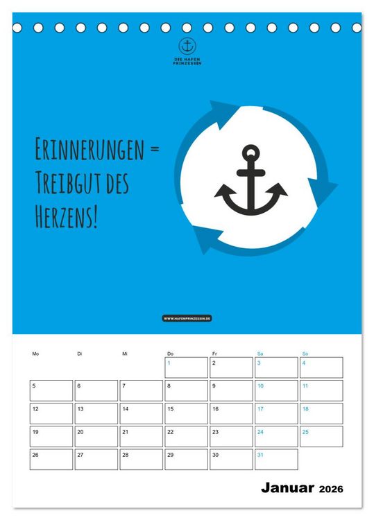 Produktbild: hafenprinzessin: Ankertr&auml;ume & Meer - Der moderne Zitate-Wandkalender f&uuml;r maritime Lebensmomente! (Tischkalender 2026 DIN A5 hoch), CALVENDO Monatskalender