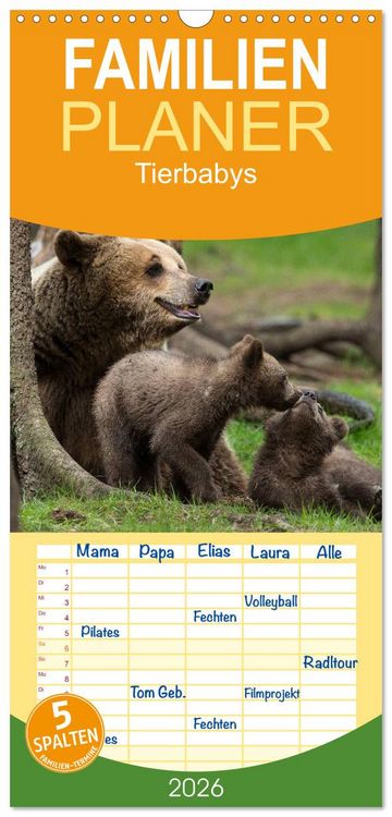 Produktbild: Familienplaner 2026 - Tierbabys 2026 mit 5 Spalten (Wandkalender, 21 x 45 cm) CALVENDO