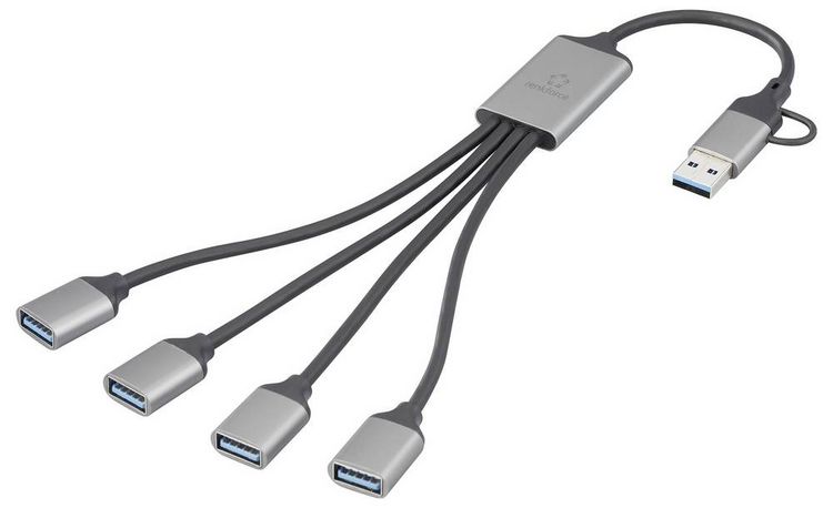 Produktbild: Renkforce RF-6861934 USB-Hub 4 Port USB-A USB 3.0 5 GBit/s mit Aluminiumgeh&auml;use Grau RF-HUB-300
