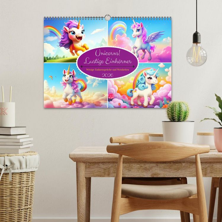 Produktbild: Unicorns! Lustige Einh&ouml;rner. Witzige Einhornspr&uuml;che und Weisheiten (Wandkalender 2026 DIN A3 quer), CALVENDO Monatskalender