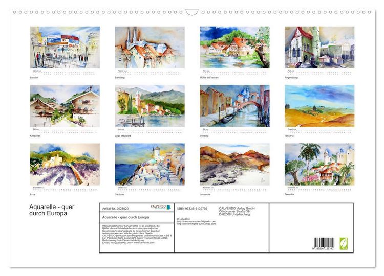 Produktbild: Aquarelle - quer durch Europa (Wandkalender 2026 DIN A2 quer), CALVENDO Monatskalender