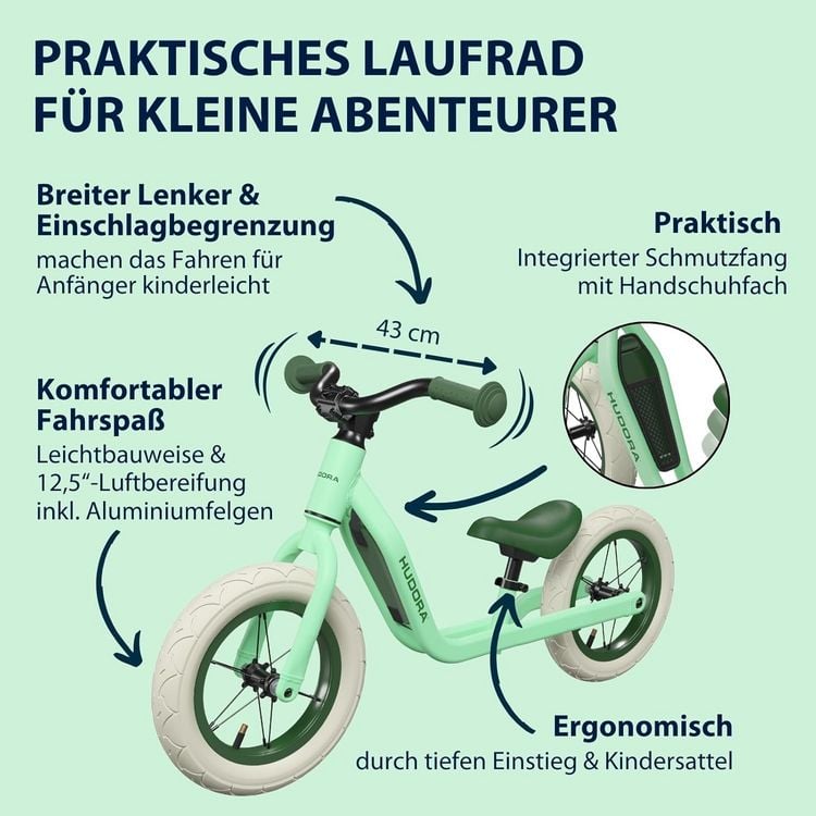 Produktbild: HUDORA 10932 - Laufrad Explory 12 mint, f&uuml;r Kinder von 90-110 cm, Sitzh&ouml;he: 27-37,5 cm