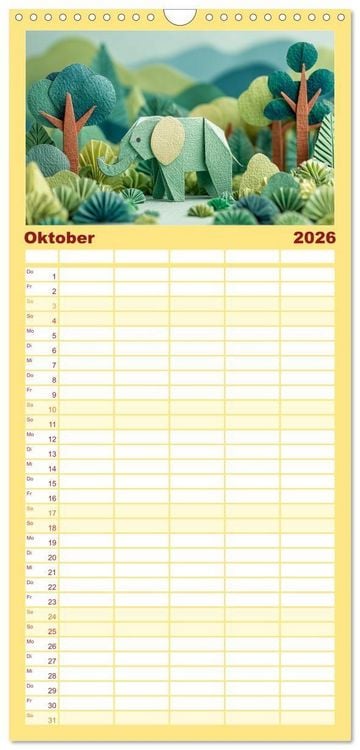 Produktbild: Familienplaner 2026 - Origami Zoo - Bunter Tierkalender f&uuml;r Kinder und Familien mit 5 Spalten (Wandkalender, 21 x 45 cm) CALVENDO