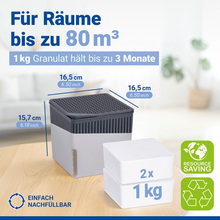 Produktbild: Raumentfeuchter Mod. Cube Grau 1000 g mit Nachf&uuml;ller, beugt Schimmel und Ger&uuml;chen vor