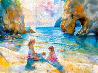 Produktbild: CALVENDO Puzzle Zwei M&auml;dchen mit Hund am Felsentor | 1000 Teile Lege-Gr&ouml;&szlig;e 64x48cm Foto-Puzzle f&uuml;r gl&uuml;ckliche Stunden