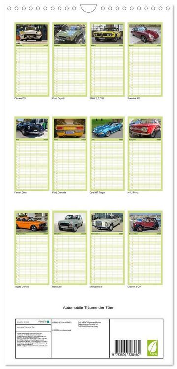 Produktbild: Familienplaner 2027 - Automobile Tr&auml;ume der 70er mit 5 Spalten (Wandkalender, 21 x 45 cm) CALVENDO
