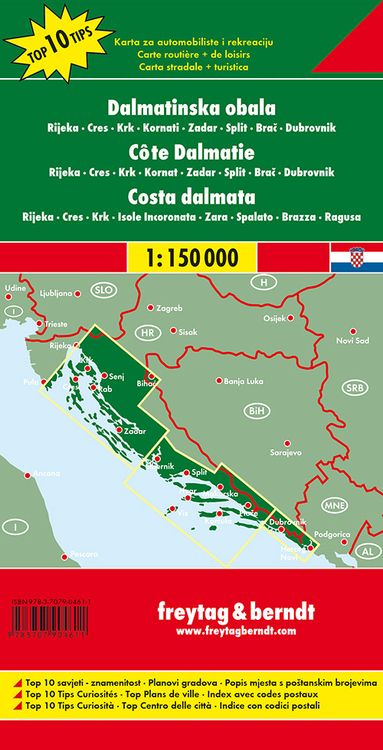 Dalmatinische Küste, Rijeka - Cres - Krk - Kornaten - Zadar - Split - Brac - Dubrovnik, Autokarte 1:150.000