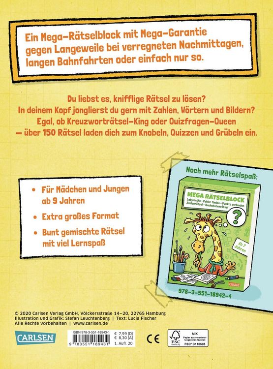 Produktbild: Mega R&auml;tselblock &ndash; Kreuzwortr&auml;tsel, Quizfragen, Knobeleien, W&ouml;rterr&auml;tsel, Zahlenr&auml;tsel