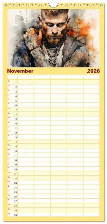 Produktbild: Familienplaner 2026 - Tattoo trifft Kunst mit 5 Spalten (Wandkalender, 21 x 45 cm) CALVENDO