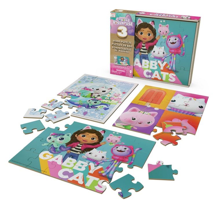 Produktbild: Gabby&rsquo;s Dollhouse Holzpuzzle-Sammlung, 3 miau-tastische Puzzle-Motive mit stabiler Holzbox , jedes besteht aus 24 Teilen, ab 3 Jahren